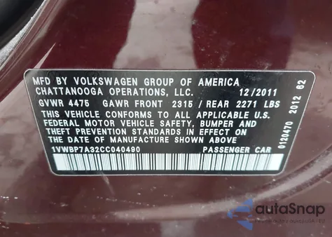 2012 Volkswagen Passat 2.5L Se z USA, uszkodzony, nr VIN 1VWBP7A32CC040490